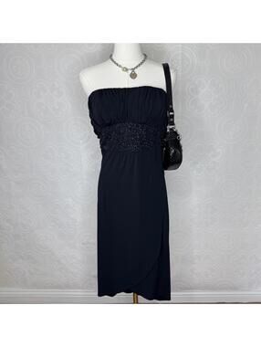 Vintage XOXO Midi Dress Womens Large Black Beaded Strapless Ruched Babydoll